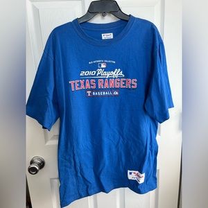 Size medium authentic majestic Texas Rangers 2010 playoff shirt. Sold @ ballpark